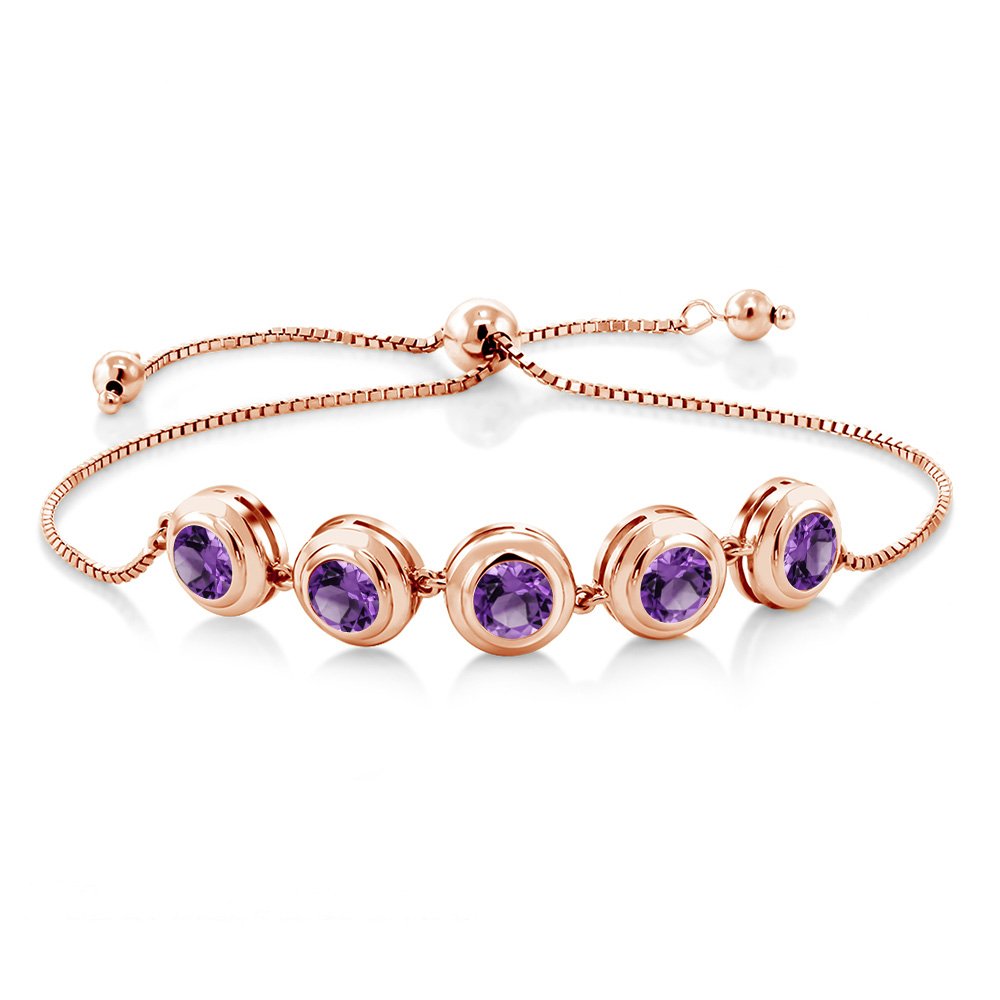 Gem Stone King 18K Rose Gold Plated Silver Purple Amethyst Tennis Bracelet For Women (3.50 Cttw, Round 6MM, Gemstone February Birthstone, Fully Adjustable Up to 9 Inch)