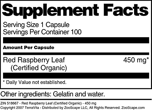 Red Raspberry Leaf (Certified Organic) - 450 mg (100 Capsules, ZIN: 518667) - 2 Pack