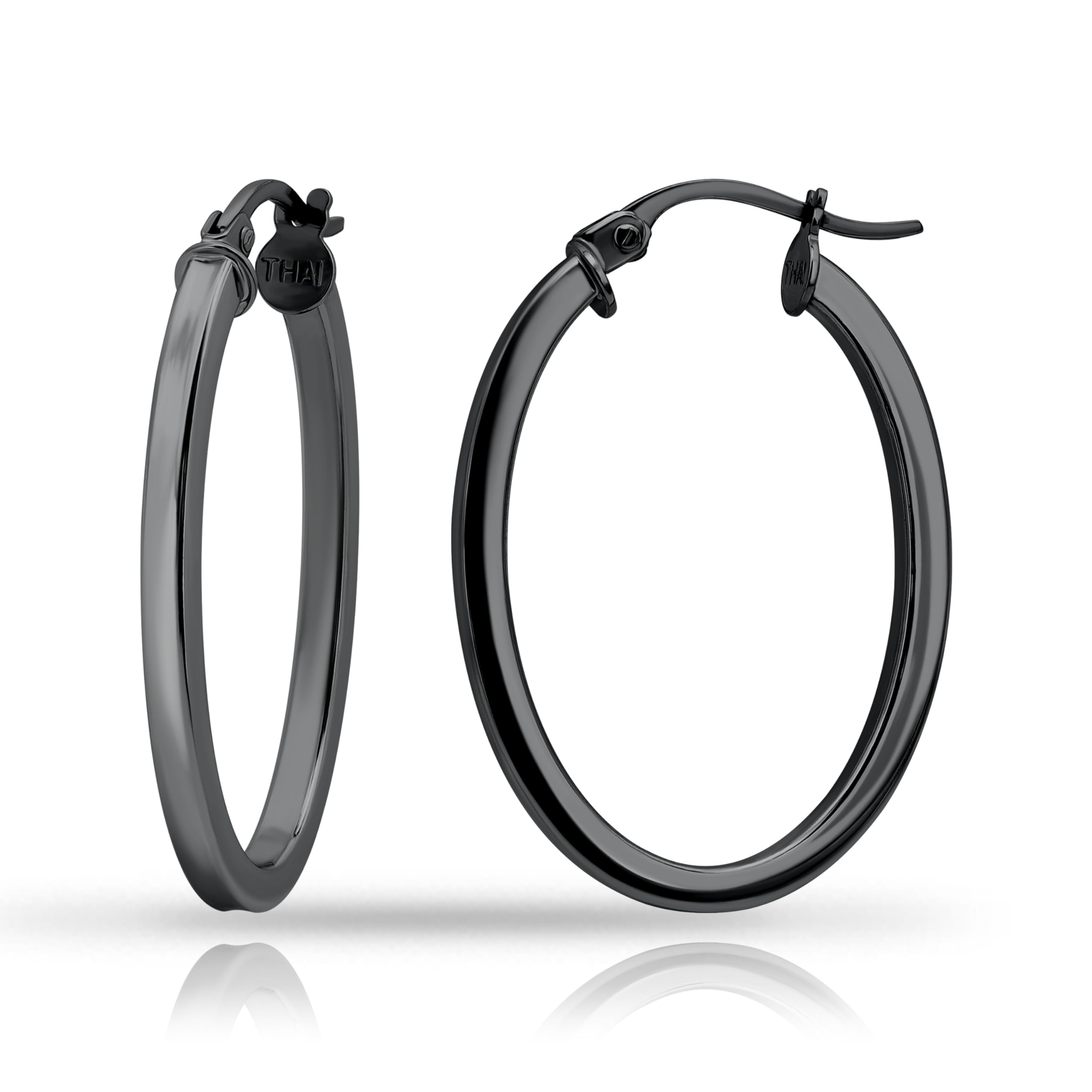 Black Flashed Sterling Silver 2mm Oval Square-Tube Hoop Earrings, 20mm