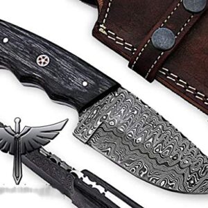 ONLYHANDMADE Handmade Damascus Knife with Exotic Wood Handle and Genuine Leather Sheath, 7.75” Length with Full Tang Fixed Blade for Hunting, Skinning, and Camping, Heavy Duty Steel (Black Wood)