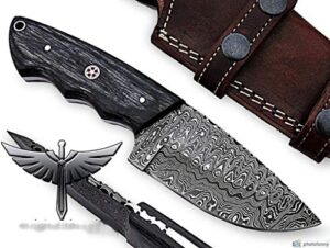 onlyhandmade handmade damascus knife with exotic wood handle and genuine leather sheath, 7.75” length with full tang fixed blade for hunting, skinning, and camping, heavy duty steel (black wood)