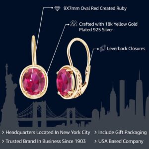 Gem Stone King 18K Yellow Gold Plated Silver Red Created Ruby Dangle Earrings For Women (4.00 Cttw, Oval 9X7MM)