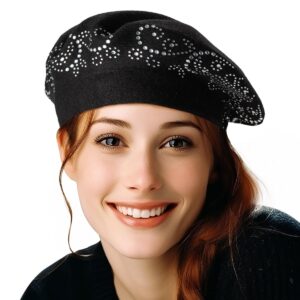 ladybro barre hat wool beret hats for women rhinestone womens hats and caps winter black