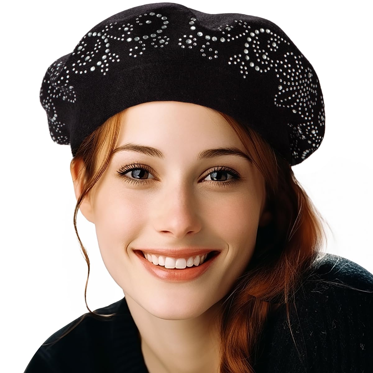 LADYBRO Barre Hat Wool Beret Hats for Women Rhinestone Womens Hats and Caps Winter Black