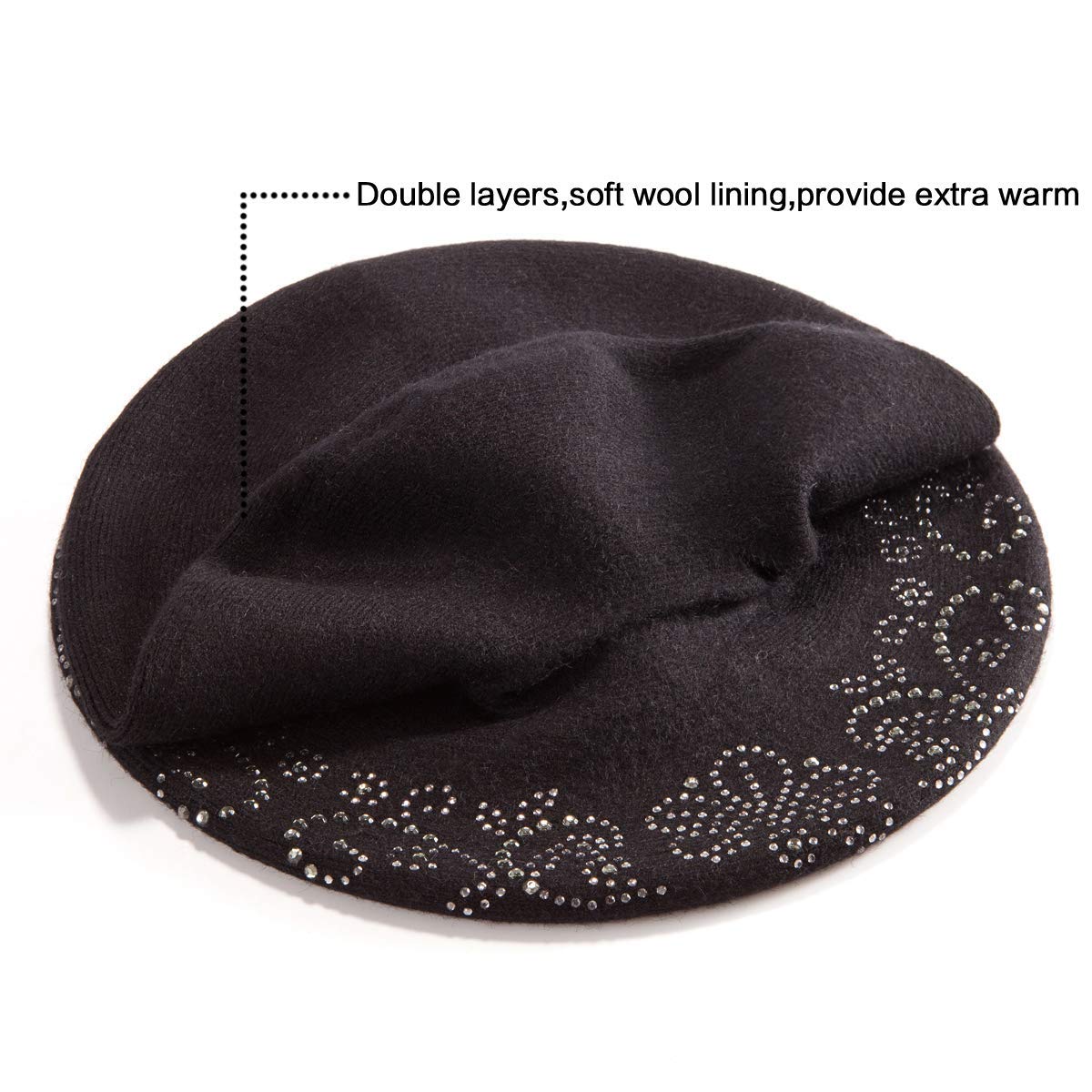 LADYBRO Barre Hat Wool Beret Hats for Women Rhinestone Womens Hats and Caps Winter Black