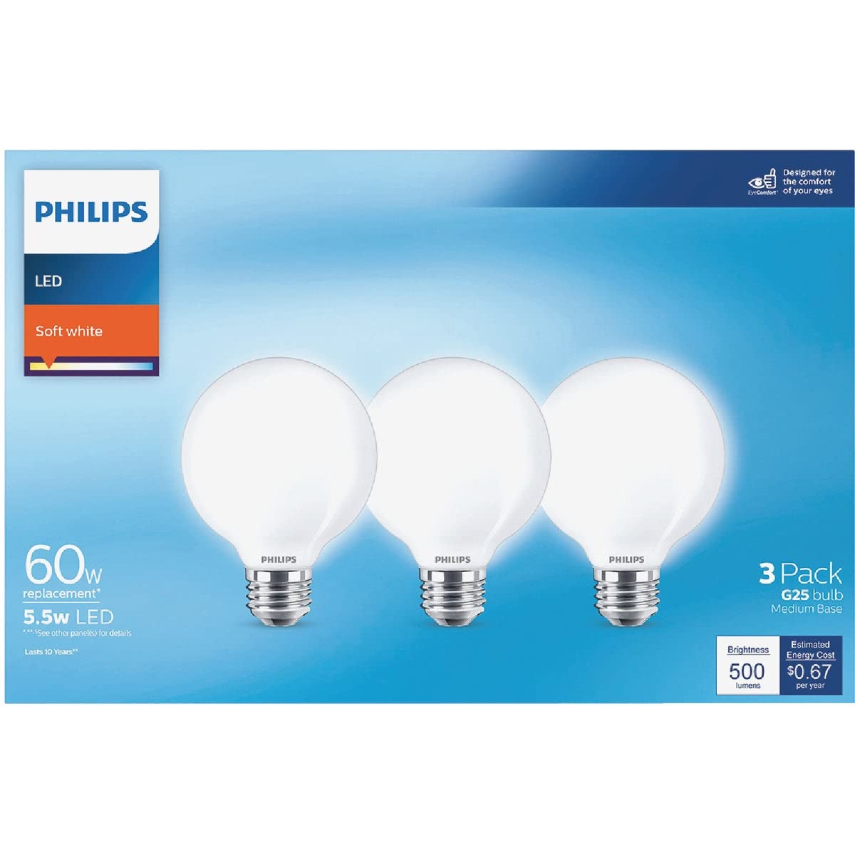 Philips 60W Equivalent Soft White Frosted G25 Globe LED Energy Star Light Bulb (3-Pack)