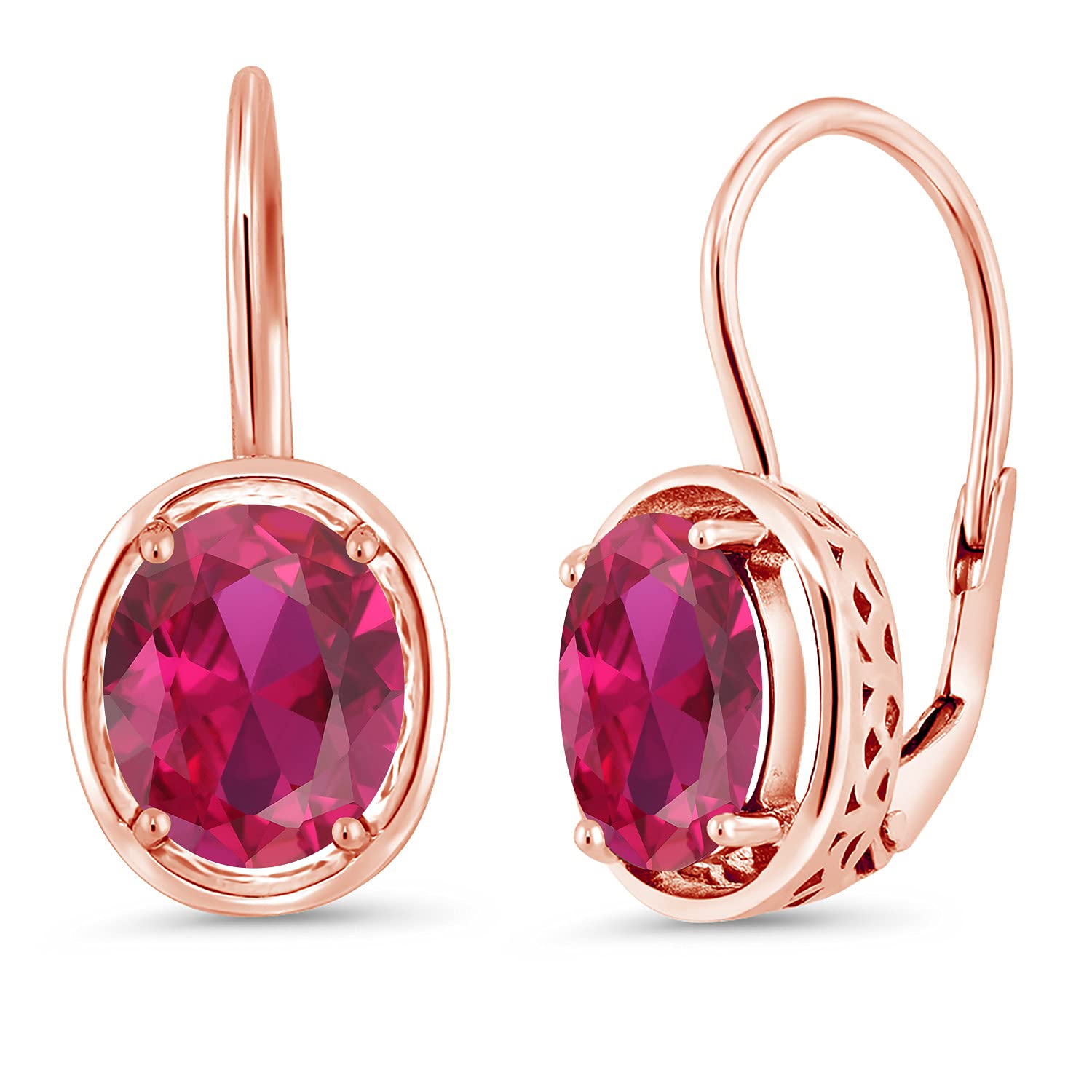 Gem Stone King 18K Rose Gold Plated Silver Red Created Ruby Dangle Earrings For Women (4.00 Cttw, Oval 9X7MM)