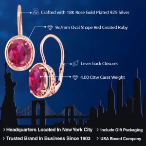 Gem Stone King 18K Rose Gold Plated Silver Red Created Ruby Dangle Earrings For Women (4.00 Cttw, Oval 9X7MM)