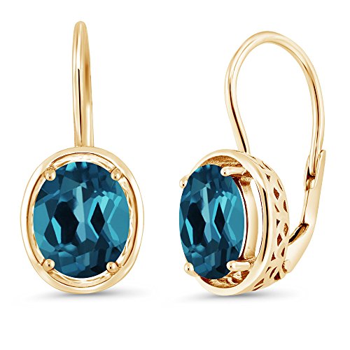 Gem Stone King 18K Yellow Gold Plated Silver London Blue Topaz Dangle Earrings For Women (3.60 Cttw Gemstone Birthstone Oval 9X7MM)