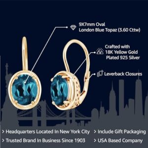 Gem Stone King 18K Yellow Gold Plated Silver London Blue Topaz Dangle Earrings For Women (3.60 Cttw Gemstone Birthstone Oval 9X7MM)