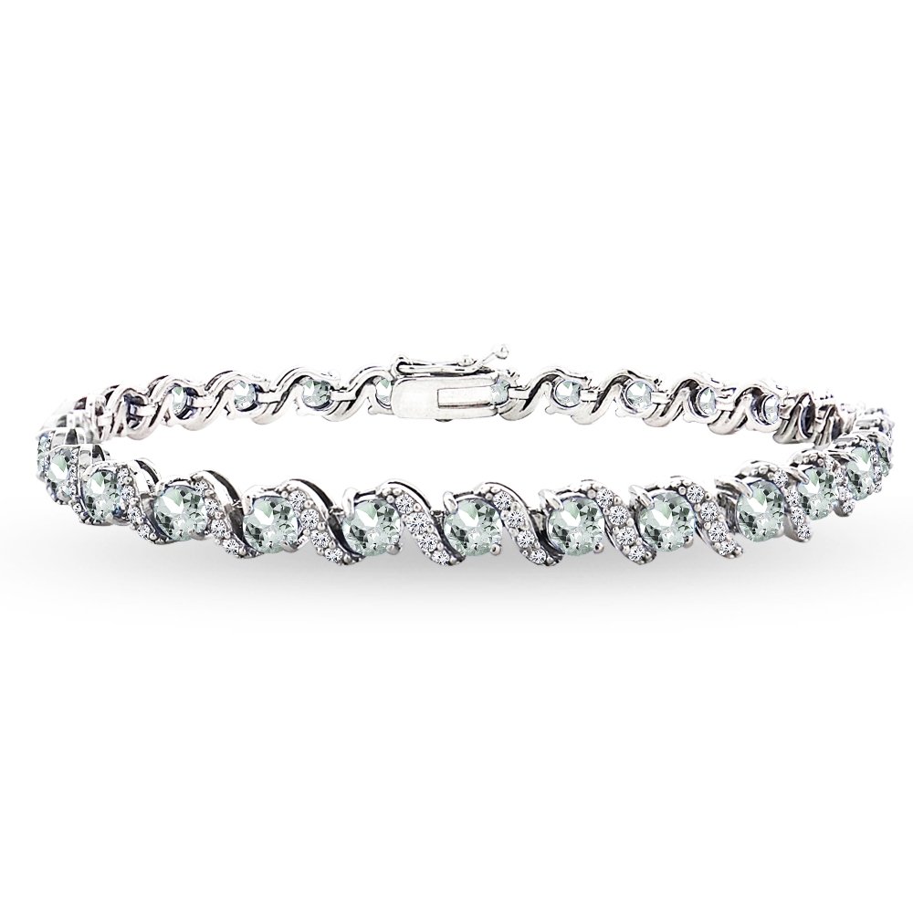 B. BRILLIANT Sterling Silver Aquamarine 4mm Round-Cut S Design Tennis Bracelet with White Topaz Accents