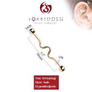 Forbidden Body Jewelry 14G Surgical Steel 1 1/2 Inch (38mm) Rose Gold IP Plated Wavy Industrial Piercing Barbell, 5mm Balls