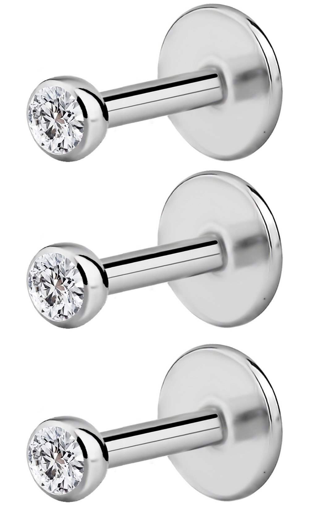 Forbidden Body Jewelry Surgical Steel Earrings Internally Threaded Micro CZ Gem Top Tragus/Helix/Labret Stud with 2mm Top (18G, 4mm) 3 pack