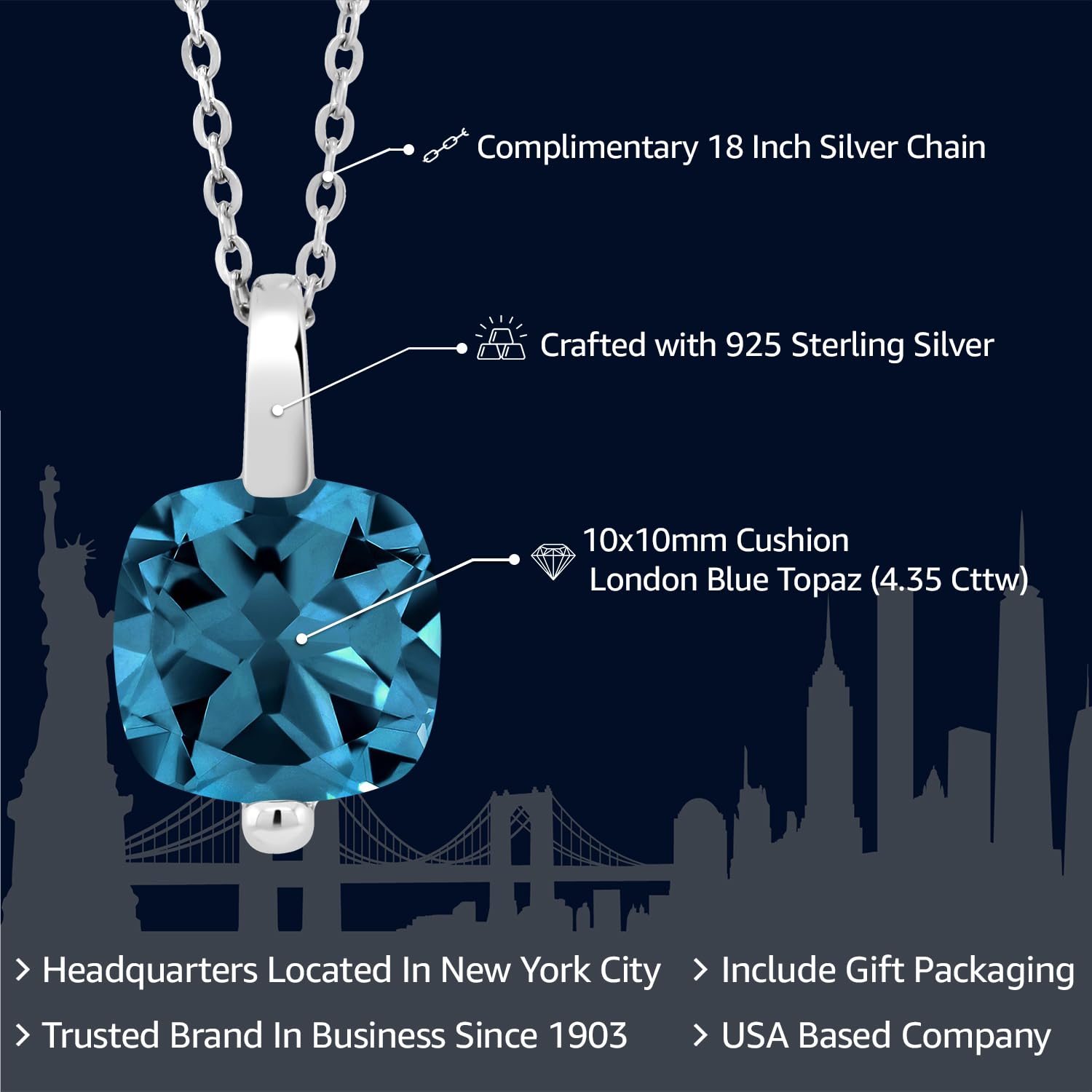 Gem Stone King 925 Sterling Silver 10MM Cushion Cut Gemstone Birthstone Solitaire Pendant Necklace For Women with 18 Inch Silver Chain