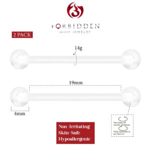 Forbidden Body Jewelry Clear Piercings, Clear Piercings for Work, 14G 19mm Hospital Grade PTFE Flexible Piercing Retainers for Pregnancy, MRI, Surgery & More (4mm Acrylic Balls), Sold as Pair