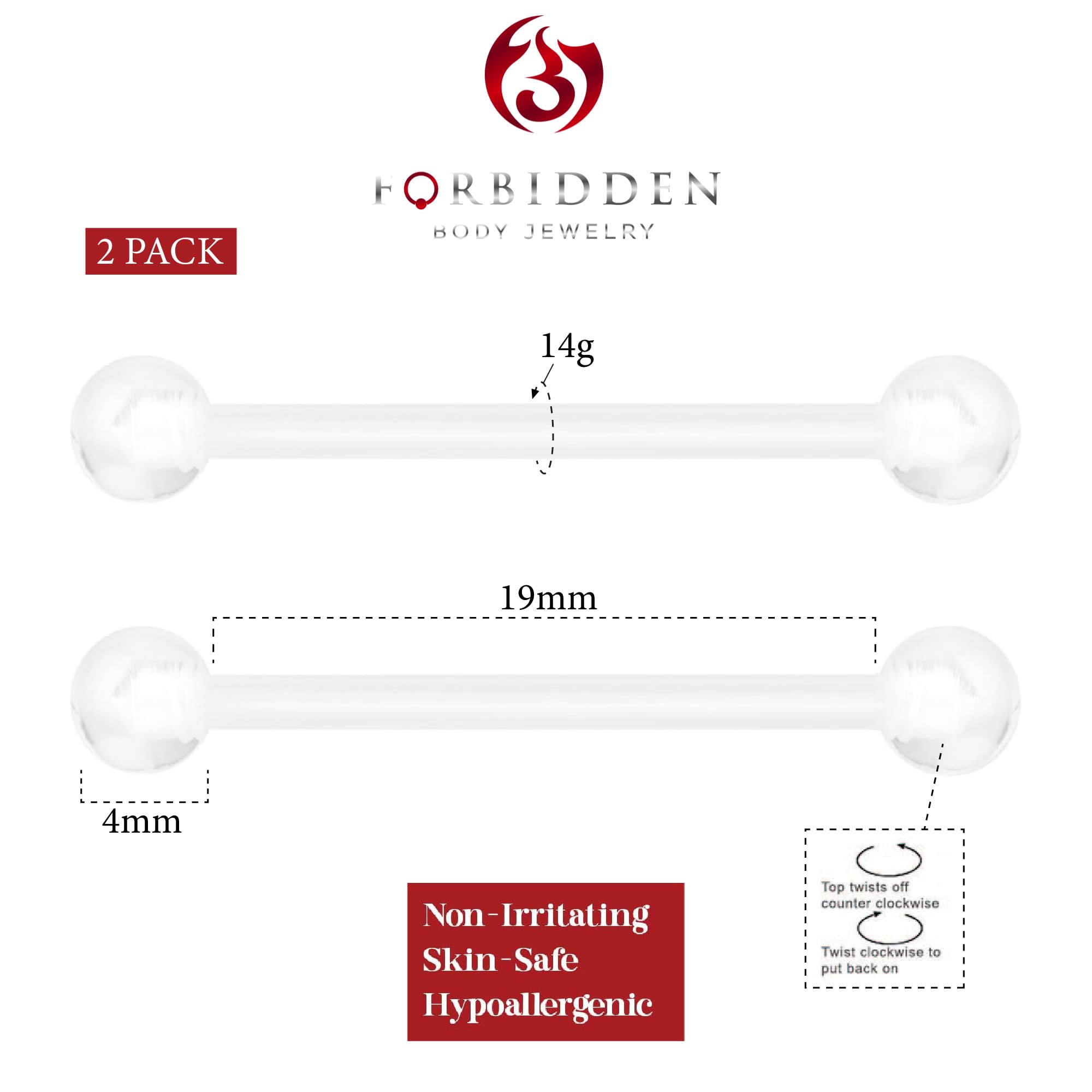 Forbidden Body Jewelry Clear Piercings, Clear Piercings for Work, 14G 19mm Hospital Grade PTFE Flexible Piercing Retainers for Pregnancy, MRI, Surgery & More (4mm Acrylic Balls), Sold as Pair