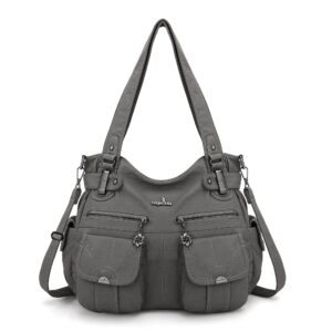 Angelkiss Women's Designer Handbag Large Double Zipper Multi Pocket Washed, Grey