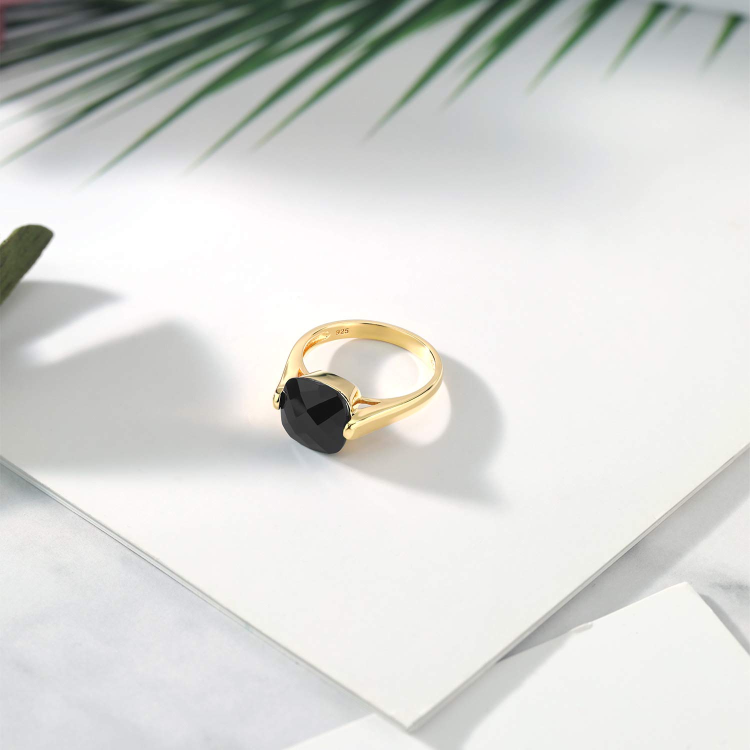 Gem Stone King 18K Yellow Gold Plated Silver Black Onyx Ring For Women (3.60 Cttw, Cushion Checkerboard 10MM, Gemstone Birthstone, Available In Size 5, 6, 7, 8, 9)