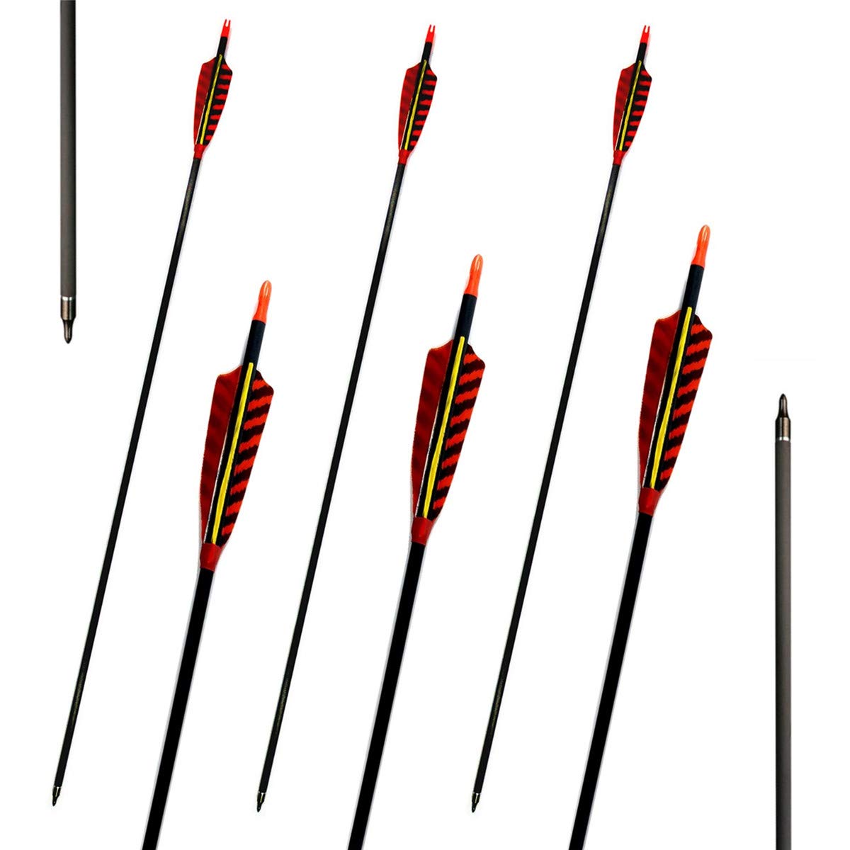 Letszhu Hunting Archery Carbon Arrow, Target Practice Arrow 500 Spine Fletched 4 inch Real Feathers with Field Points for Compound Recurve Longbow (Pack of 6) (29 inch)