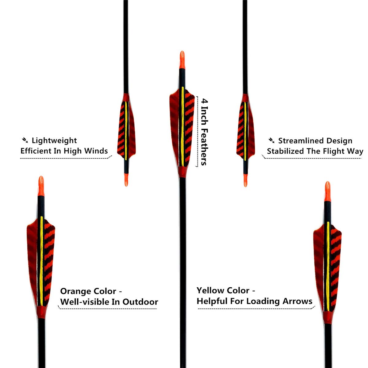 Letszhu Hunting Archery Carbon Arrow, Target Practice Arrow 500 Spine Fletched 4 inch Real Feathers with Field Points for Compound Recurve Longbow (Pack of 6) (29 inch)