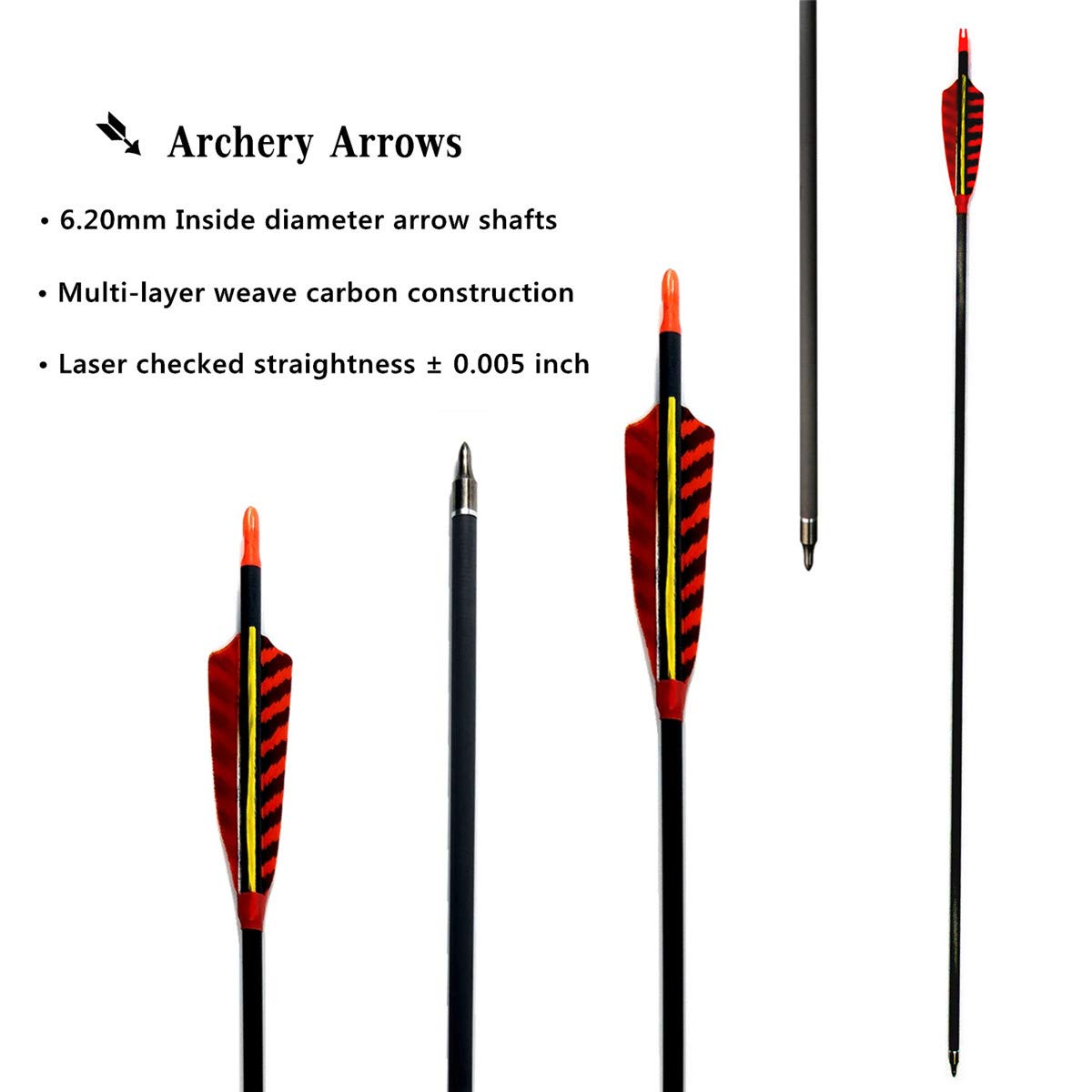 Letszhu Hunting Archery Carbon Arrow, Target Practice Arrow 500 Spine Fletched 4 inch Real Feathers with Field Points for Compound Recurve Longbow (Pack of 6) (29 inch)