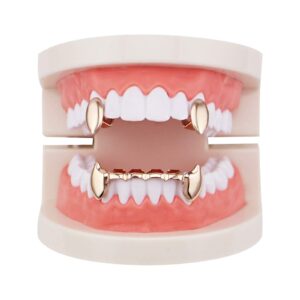 mainlead rose gold vampire dracula teeth 2pc single fangs and 6 bottom grills set