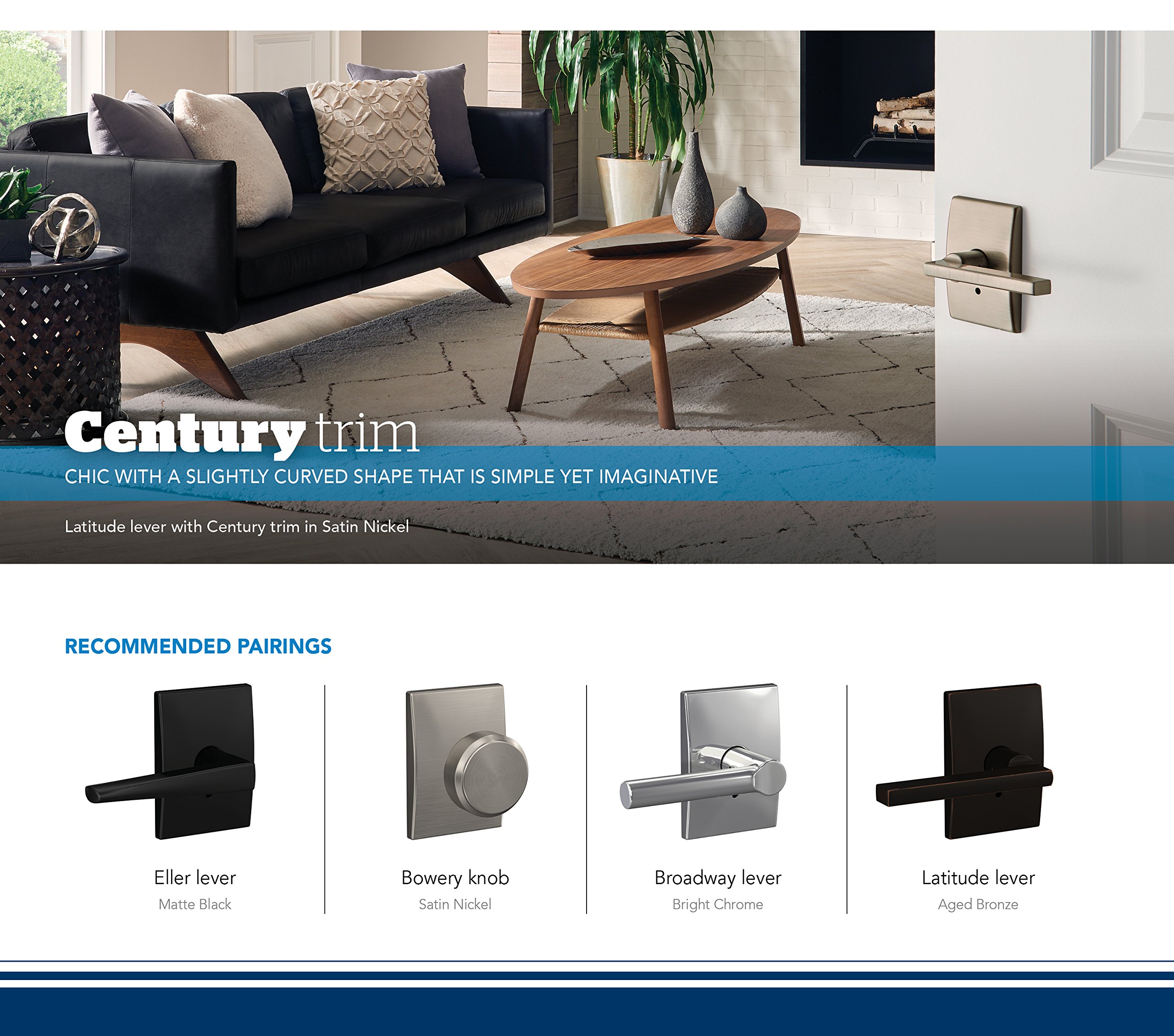 Schlage Custom FC21 BRW 622 CEN Broadway Lever with Century Trim Hall-Closet and Bed-Bath Lock, Matte Black