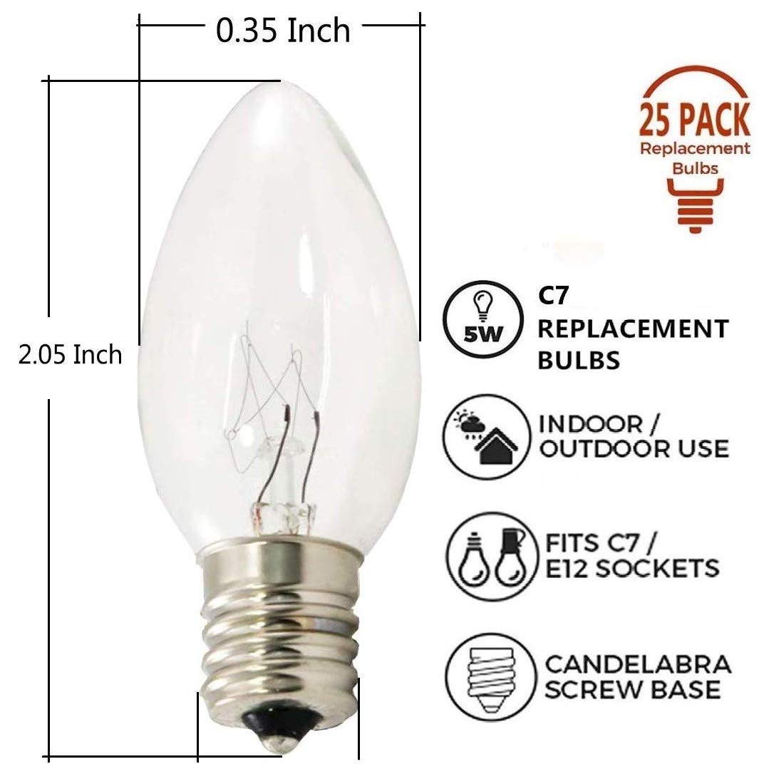 SUNSGNE 25 Pack C7 Clear Replacement Bulbs Christmas Light Bulbs, Outdoor Patio String Light Bulbs, C7 Night Light Replacement Bulbs, E12/C7 Candelabra Base, 5 Watt- Clear