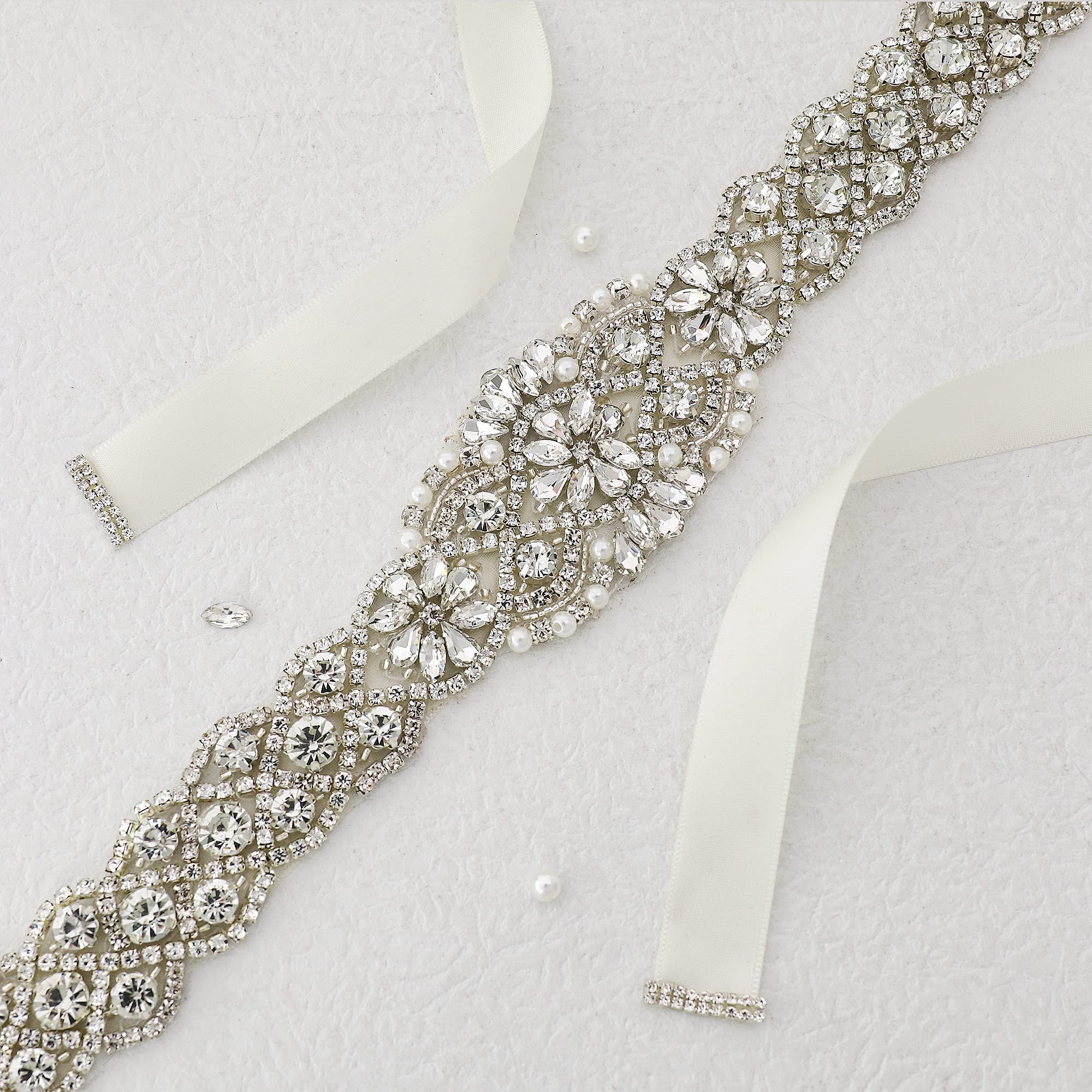 yanstar Handmade Silver Rhinestone Crystal Wedding Bridal Belt Sash With Ivory Ribbon For Wedding Prom Dress