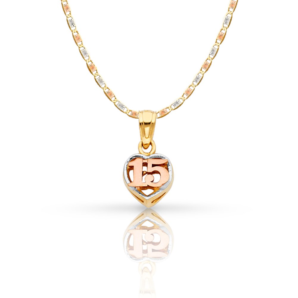 Ioka 14K Tri Color Gold Sweet 15 Years Quinceanera Heart Charm Pendant with 1.5mm Valentino Chain Necklace - 20"