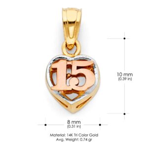 Ioka 14K Tri Color Gold Sweet 15 Years Quinceanera Heart Charm Pendant with 1.5mm Valentino Chain Necklace - 20"