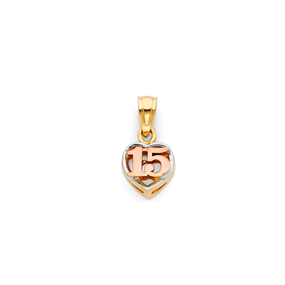 Ioka 14K Tri Color Gold Sweet 15 Years Quinceanera Heart Charm Pendant with 1.5mm Valentino Chain Necklace - 20"