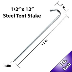 Moose Supply Steel Tent Stakes Heavy Duty Ground Stake, Metal Stakes to Anchor Commercial Inflatables, Outdoor Camping Canopy, Fence, Garden Tent Accessories, 1/2" Diameter x 12" Length, 10 Pack