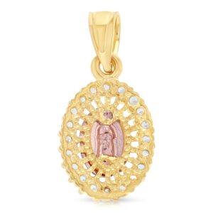 Ioka 14K Yellow Gold Our Lady of Guadalupe Cubic Zirconia CZ Charm Pendant with 1.5mm Valentino Chain Necklace - 18"