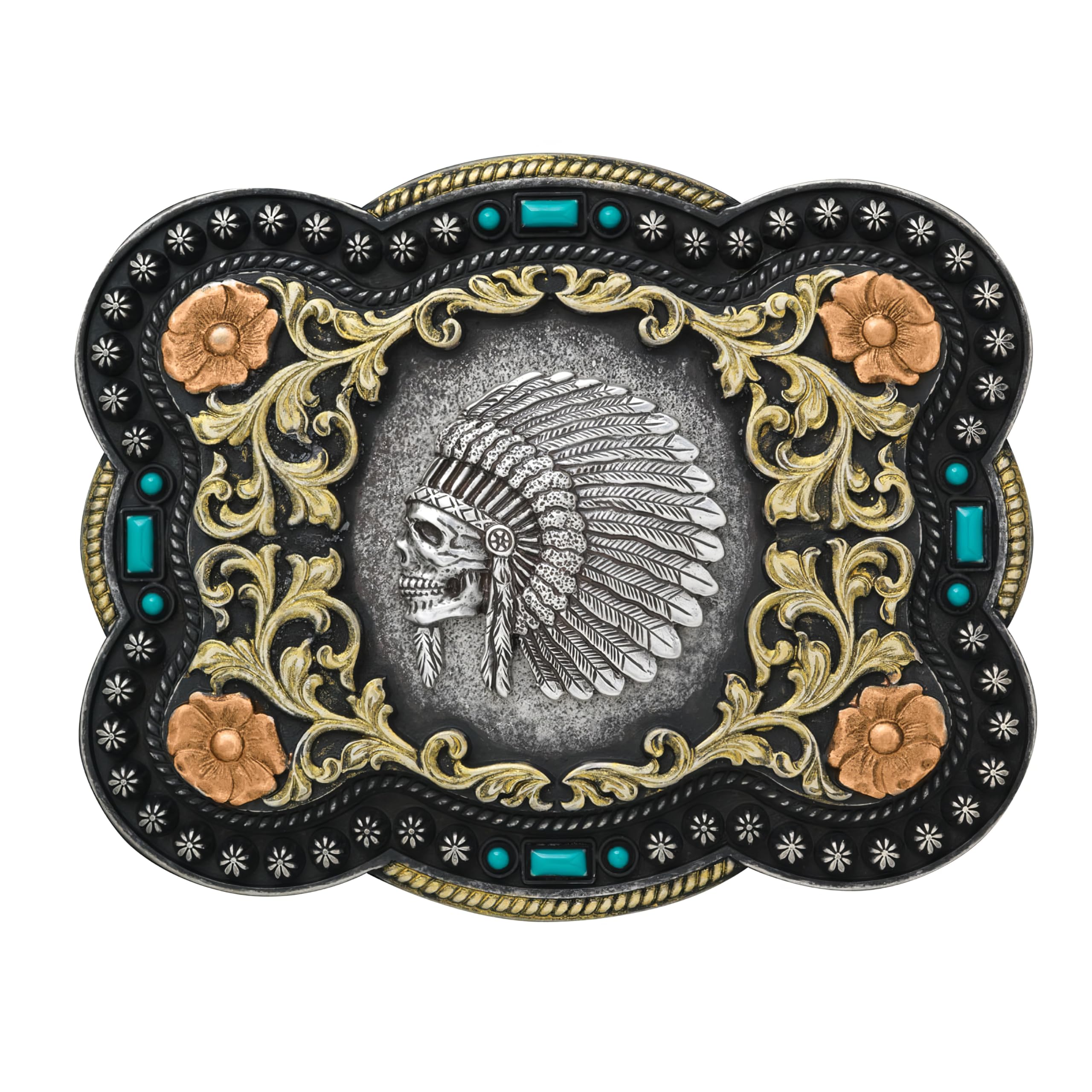 Nocona Boots Men's Standard Indian Chief Skull Floral Scroll Antique Silver Western Belt Buckle 37038, 4" x 3.25"