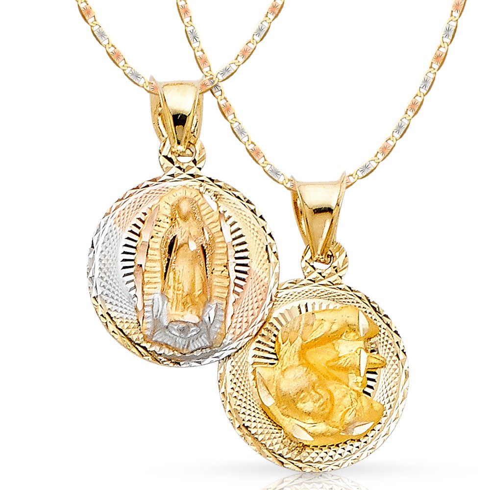 Ioka 14K Tri Color Gold Diamond Cut Double Side Stamp Virgin Mary Baptism Charm Pendant with 1.5mm Valentino Chain Necklace - 18"