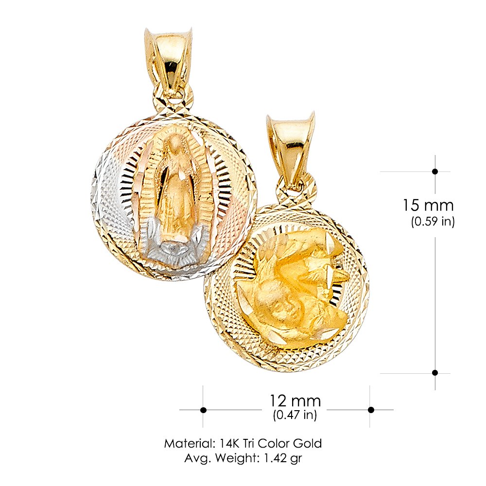 Ioka 14K Tri Color Gold Diamond Cut Double Side Stamp Virgin Mary Baptism Charm Pendant with 1.5mm Valentino Chain Necklace - 18"