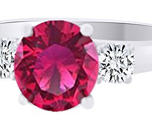 AFFY Simulated Pink Sapphire & White Natural Diamond Three Stone Engagement Wedding Ring in 14k White Gold (2.73 cttw) with Ring Size:-7