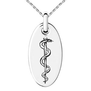 tioneer stainless steel rod of asclepius symbol small oval charm pendant necklace