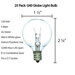 SUNSGNE Clear Globe G40 Bulbs Replacement Screw Base Light Bulbs 1.5-Inch, 5 Watt - Fits E12 and C7 Sockets, 25 Pack