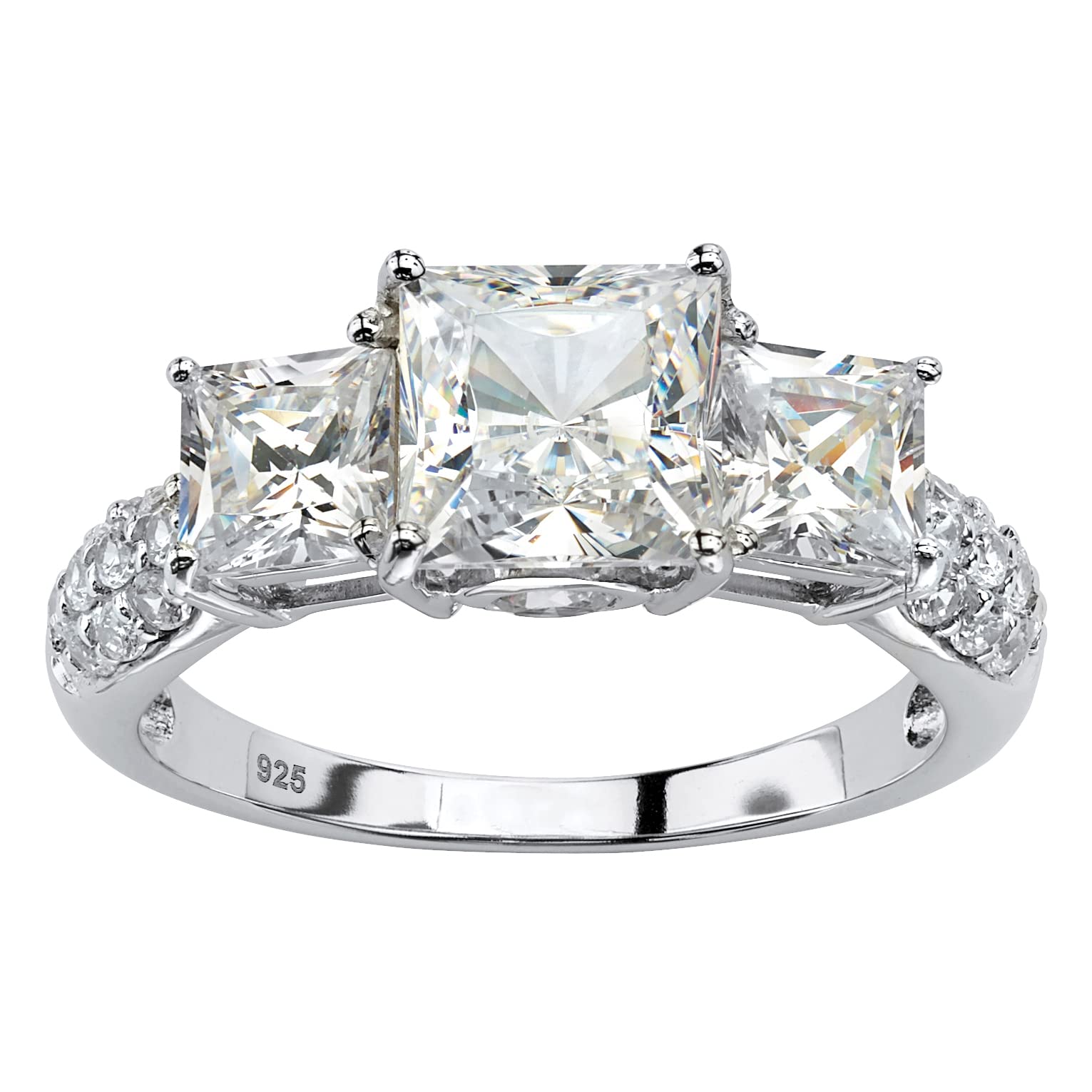 PalmBeach Platinum-plated Sterling Silver Princess Cut Created White Sapphire 3-Stone Bridal Ring Sizes 6-10 Size 10