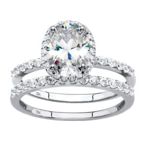 palmbeach 10k white gold oval cut cubic zirconia halo bridal ring set sizes 6-10 size 7