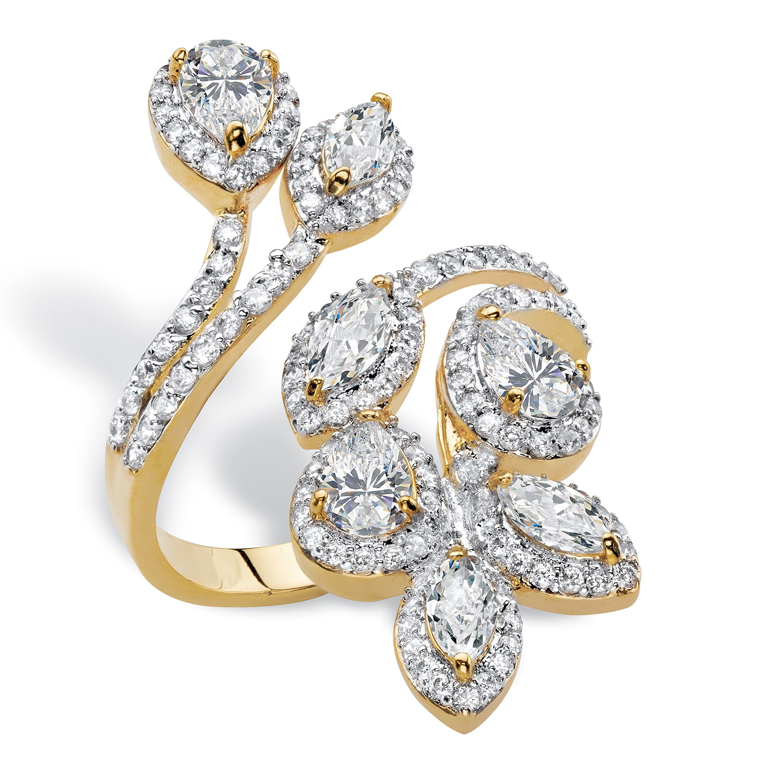 PalmBeach Yellow Gold-plated Pear Cut Cubic Zirconia Halo Leaf Bypass Ring Sizes 6-10 Size 9