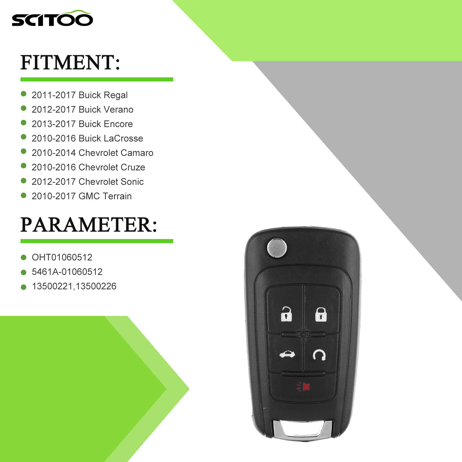 SCITOO 2pcs 5 Buttons Flip Key Fob Shell Replacement Remote Key Fob CASE 2010-2017 for Chevrolet Camaro for Buick Regal for GMC Terrain FCC OHT01060512