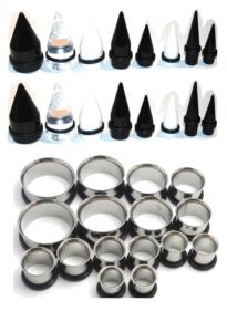 zaya body jewelry 32pc 00g to 1 inch ear stretching kit black clear white tapers steel tunnels 7/16 1/2 9/16 5/8 3/4 7/8 1 inch plus instructions