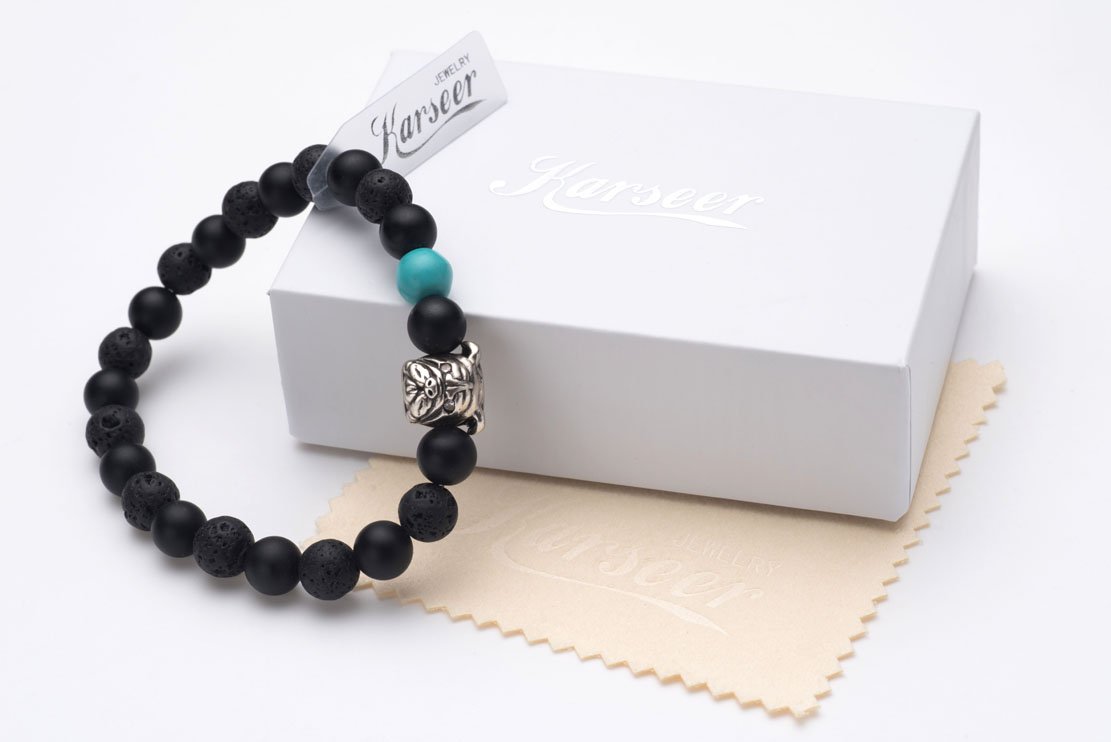 Karseer Black Matte Onyx and Lava Energy Stone Mala Beaded Stretch Bracelet with Bulldog Mascot Charm and Birthstone Embellishment, Handmade Friendship Jewelry Gift Unisex 7", Antique Silver