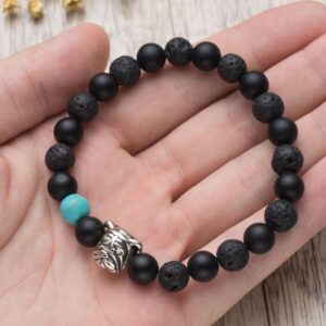 Karseer Black Matte Onyx and Lava Energy Stone Mala Beaded Stretch Bracelet with Bulldog Mascot Charm and Birthstone Embellishment, Handmade Friendship Jewelry Gift Unisex 7", Antique Silver