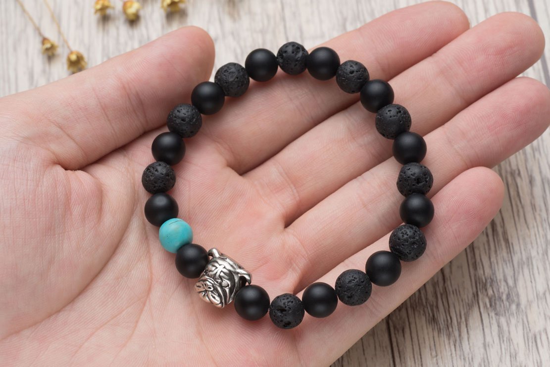 Karseer Black Matte Onyx and Lava Energy Stone Mala Beaded Stretch Bracelet with Bulldog Mascot Charm and Birthstone Embellishment, Handmade Friendship Jewelry Gift Unisex 7", Antique Silver