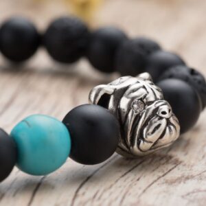 Karseer Black Matte Onyx and Lava Energy Stone Mala Beaded Stretch Bracelet with Bulldog Mascot Charm and Birthstone Embellishment, Handmade Friendship Jewelry Gift Unisex 7", Antique Silver