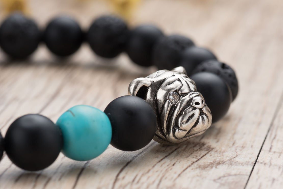 Karseer Black Matte Onyx and Lava Energy Stone Mala Beaded Stretch Bracelet with Bulldog Mascot Charm and Birthstone Embellishment, Handmade Friendship Jewelry Gift Unisex 7", Antique Silver